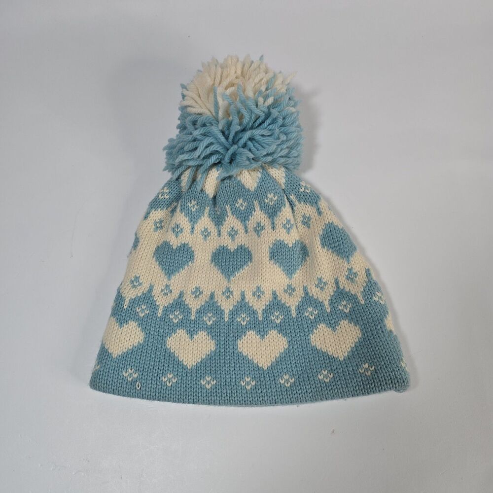 Winter Beanie Hat Knit With Pure 100% Wool Pompom Blue White HEARTS Cottagecore
